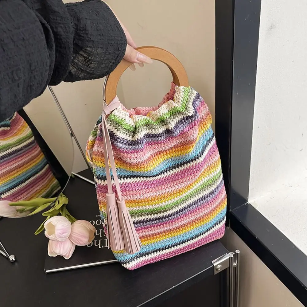 Casual Bohemian Style Rainbow Woven Handbag Hollow Out Beach Summer Bucket Bag Sweet with Tassel Underarm Bag Shopping
Casual Bohemian Style Rainbow Woven Handbag Hollow Out Beach Summer Bucket Bag Sweet with Tassel Underarm Bag Shopping