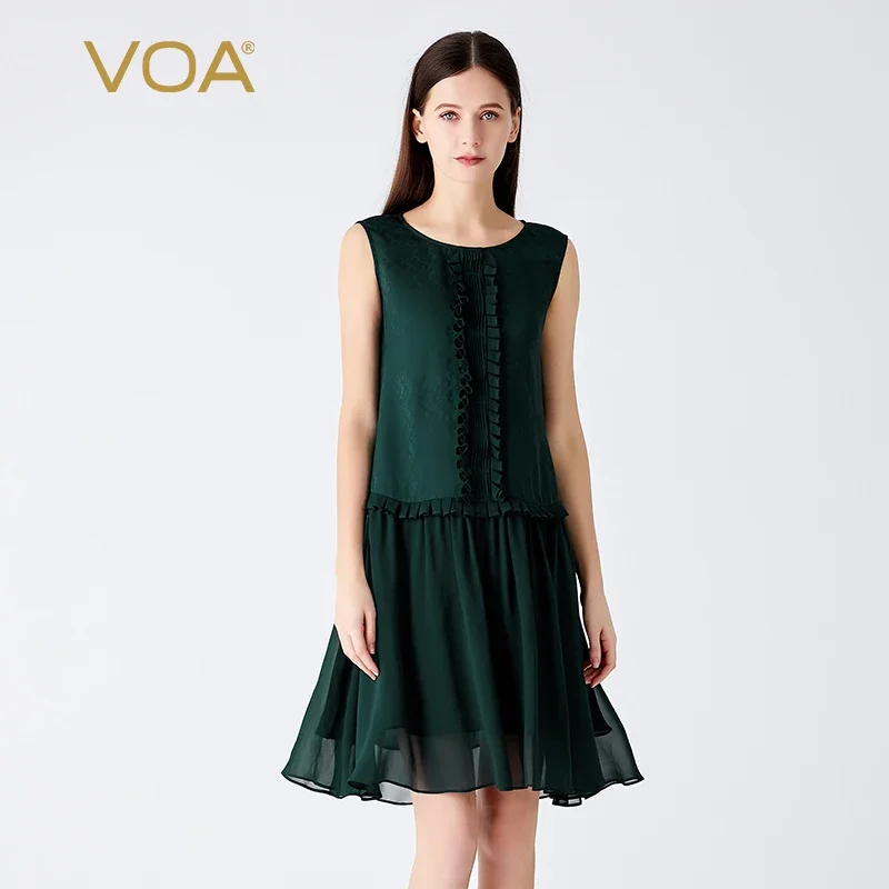 (Fans Exclusive Discount) VOA Silk Jacquard Hole Green O-neck Sleeveless Herringbone Pleated Georgette Loose Silk Dress AE1979
(Fans Exclusive Discount) VOA Silk Jacquard Hole Green O-neck Sleeveless Herringbone Pleated Georgette Loose Silk Dress AE1979