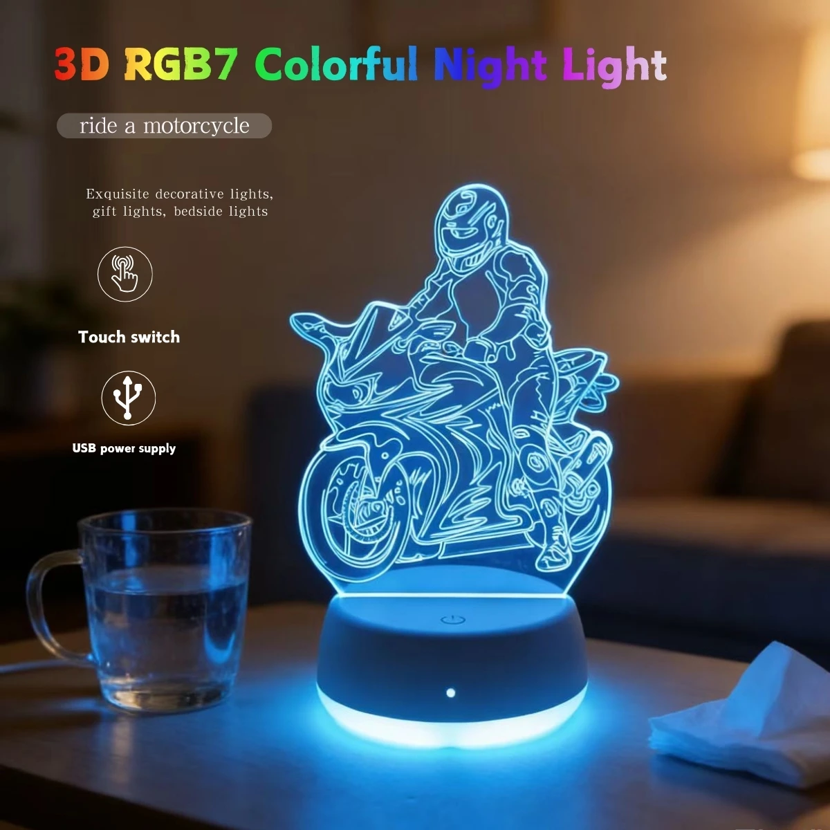 USB 3D-ночник в виде мотоцикла - стильный дизайн, RGB-подсветка, украшение для спальни и дома, идеальный подарок для любителей велоспорта
USB 3D-ночник в виде мотоцикла - стильный дизайн, RGB-подсветка, украшение для спальни и дома, идеальный подарок для любителей велоспорта 