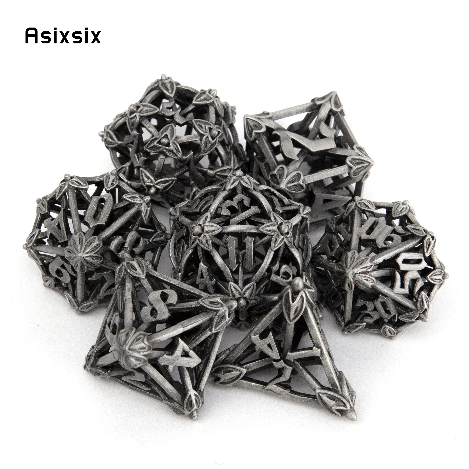 7 Pcs Silver Leaf Flower Metal Dice Hollow Metal Polyhedral Dice Set Suitable for Role-Playing RPG Board Game Card Game
7 Pcs Silver Leaf Flower Metal Dice Hollow Metal Polyhedral Dice Set Suitable for Role-Playing RPG Board Game Card Game