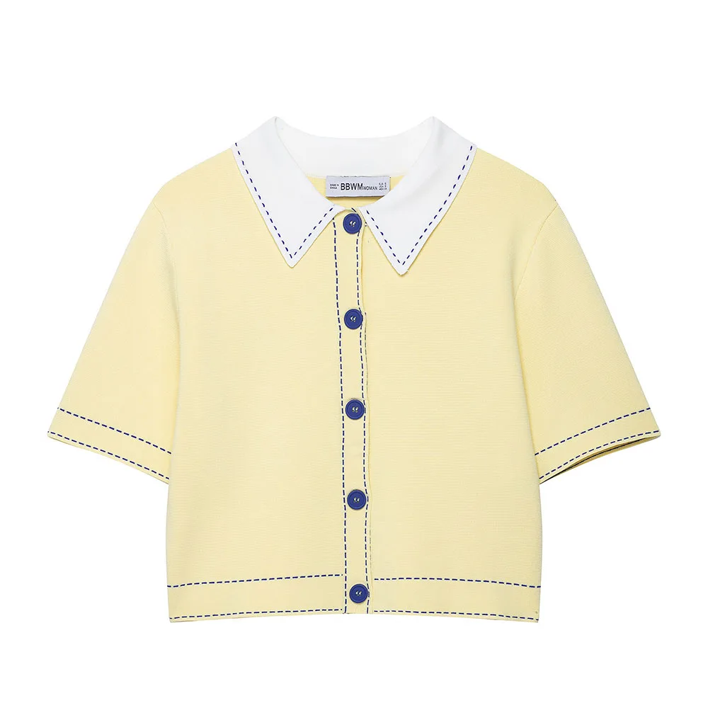 New Spring Summer Color Block Women Short Sleeve Yellow Knitted Cardigan Coat Casual Style Polo Neck T-Shirt Soft Tops
New Spring Summer Color Block Women Short Sleeve Yellow Knitted Cardigan Coat Casual Style Polo Neck T-Shirt Soft Tops