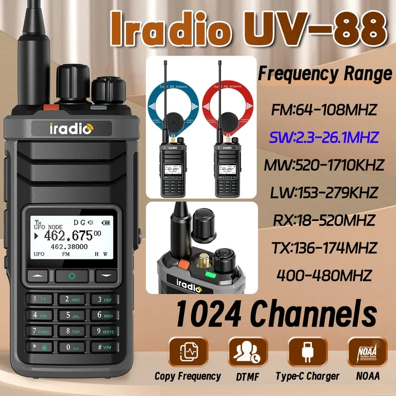Iradio UV-88 Walkie Talkie Multi Band Ham Radio HF CB SSB AM Type-C Charging LSB CW LW MW SW 1024 Channels
Iradio UV-88 Walkie Talkie Multi Band Ham Radio HF CB SSB AM Type-C Charging LSB CW LW MW SW 1024 Channels