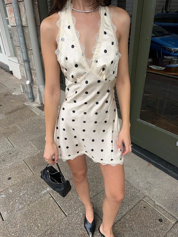 Blifanbo Satin Polka Dot Mini Dress Women Robe Summer New Lace Halter Deep V Neck Sleeveless Backless Beach Club Sexy Dress
Blifanbo Satin Polka Dot Mini Dress Women Robe Summer New Lace Halter Deep V Neck Sleeveless Backless Beach Club Sexy Dress