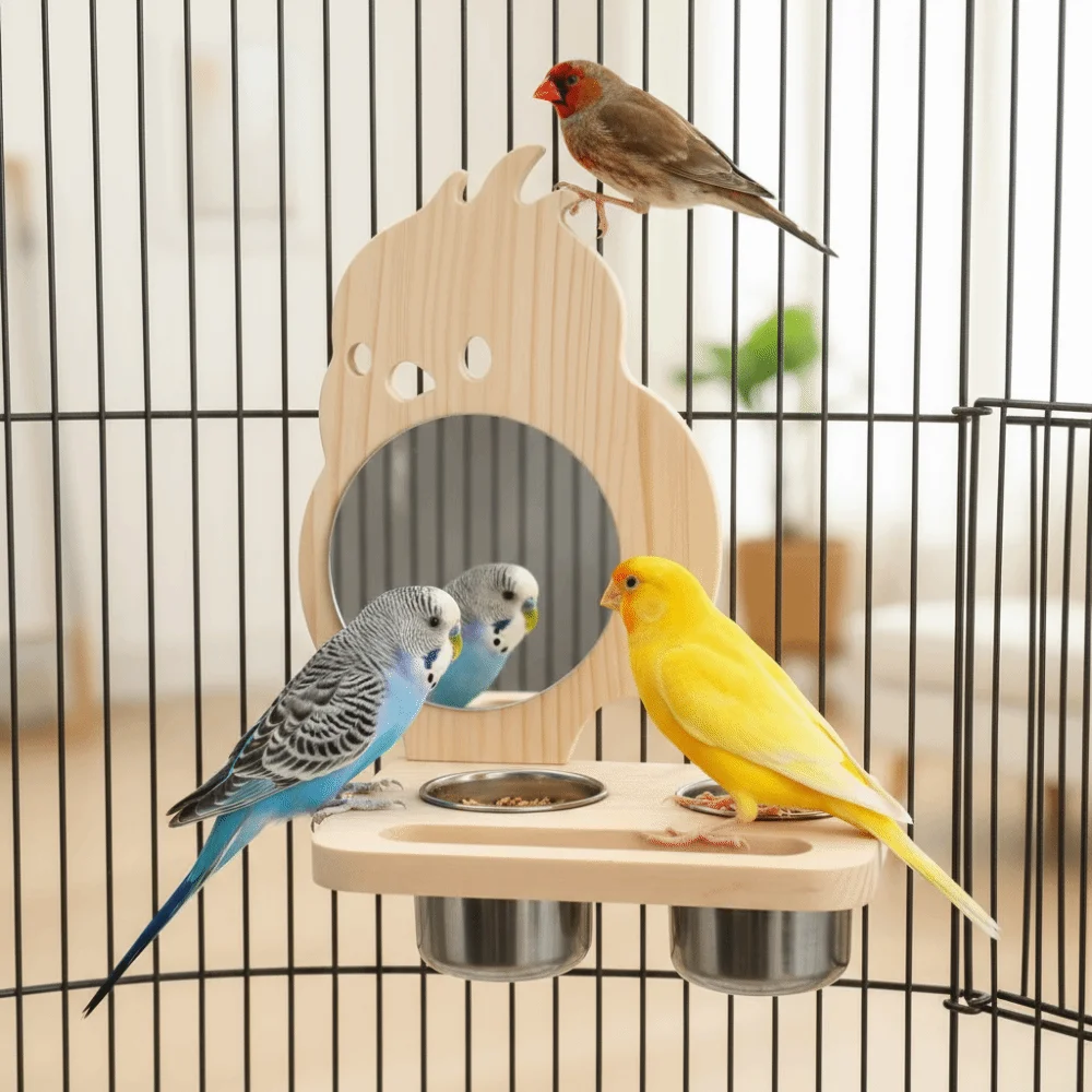 Wooden Platform Bird Mirror Feeder Stainless Steel Dish Removable Parrot Feeder Bowl with Mirror Double Cup Parrot Food Cup
Wooden Platform Bird Mirror Feeder Stainless Steel Dish Removable Parrot Feeder Bowl with Mirror Double Cup Parrot Food Cup