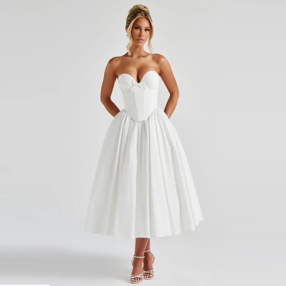 Sweetheart Strapless Bow Midi Dress Women White Corset Boned A-Line Party Wedding Guest Dress
Sweetheart Strapless Bow Midi Dress Women White Corset Boned A-Line Party Wedding Guest Dress