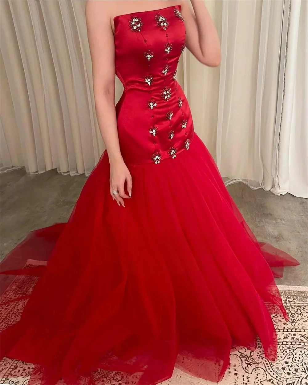Santorini Red Prom Dresses for Women Strapless Beaded Crystal Vestidos De Noches Zipper Back Mermaid Tulle Evening Party Dress
Santorini Red Prom Dresses for Women Strapless Beaded Crystal Vestidos De Noches Zipper Back Mermaid Tulle Evening Party Dress