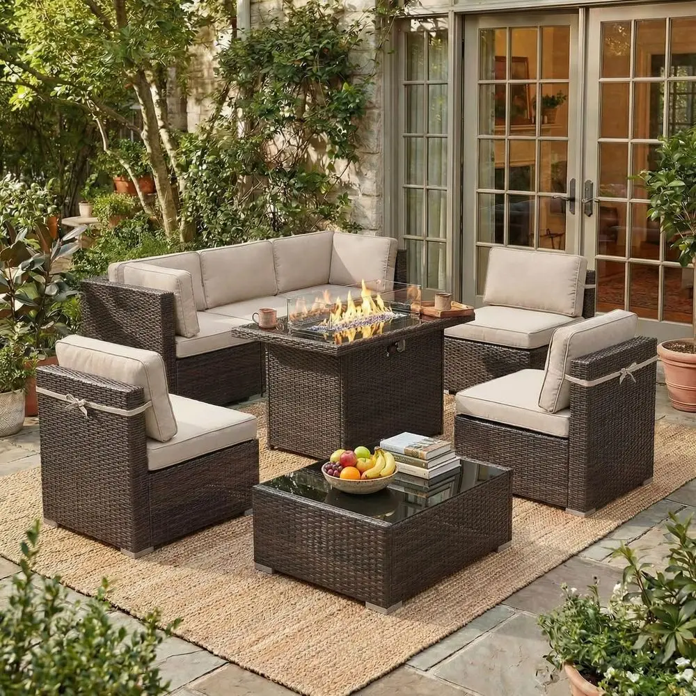 8 Pieces Outdoor Patio Furniture Set with 44 Fire Pit Table Brown Rattan Sectional Sofa Conversation Sets
8 Pieces Outdoor Patio Furniture Set with 44 Fire Pit Table Brown Rattan Sectional Sofa Conversation Sets