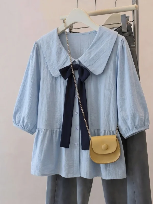 Light Blue Bowknot Doll Collar Short Sleeve Shirt Women's Summer New plus Size Anti-aging Top Korean Style Loose Fit Commute
Light Blue Bowknot Doll Collar Short Sleeve Shirt Women's Summer New plus Size Anti-aging Top Korean Style Loose Fit Commute