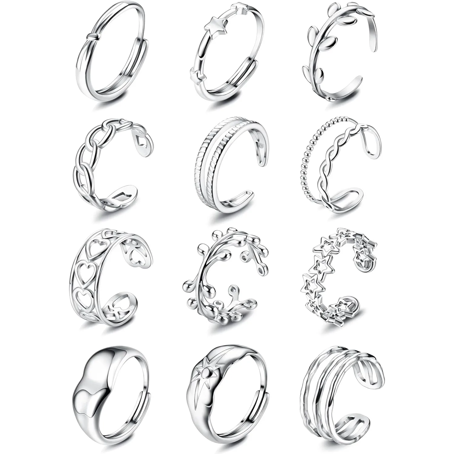 Bobisty 12Pcs Stainless Steel Rings for Women Silver Plated Adjustable Open Stackable Rings Trendy Knuckle Thumb Finger Rings
Bobisty 12Pcs Stainless Steel Rings for Women Silver Plated Adjustable Open Stackable Rings Trendy Knuckle Thumb Finger Rings