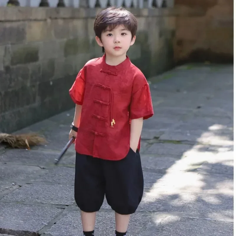 Vintage Red Handmade Buttons Bamboo Leaf Print Short Sleeved Tang Suit Suit Blouse Trousers Boys Fashion Casual Suit Tai Chi
Vintage Red Handmade Buttons Bamboo Leaf Print Short Sleeved Tang Suit Suit Blouse Trousers Boys Fashion Casual Suit Tai Chi