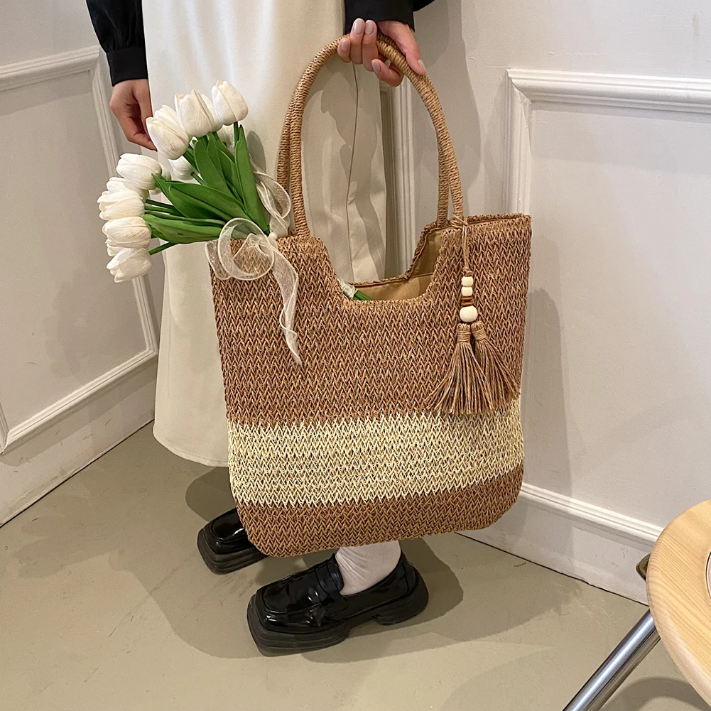 Summer Top-handle Bag Contrast Color with Tassels Beach Vacation Bags Large-Capacity Handmade Fashion Simple for Seaside Holiday
Summer Top-handle Bag Contrast Color with Tassels Beach Vacation Bags Large-Capacity Handmade Fashion Simple for Seaside Holiday