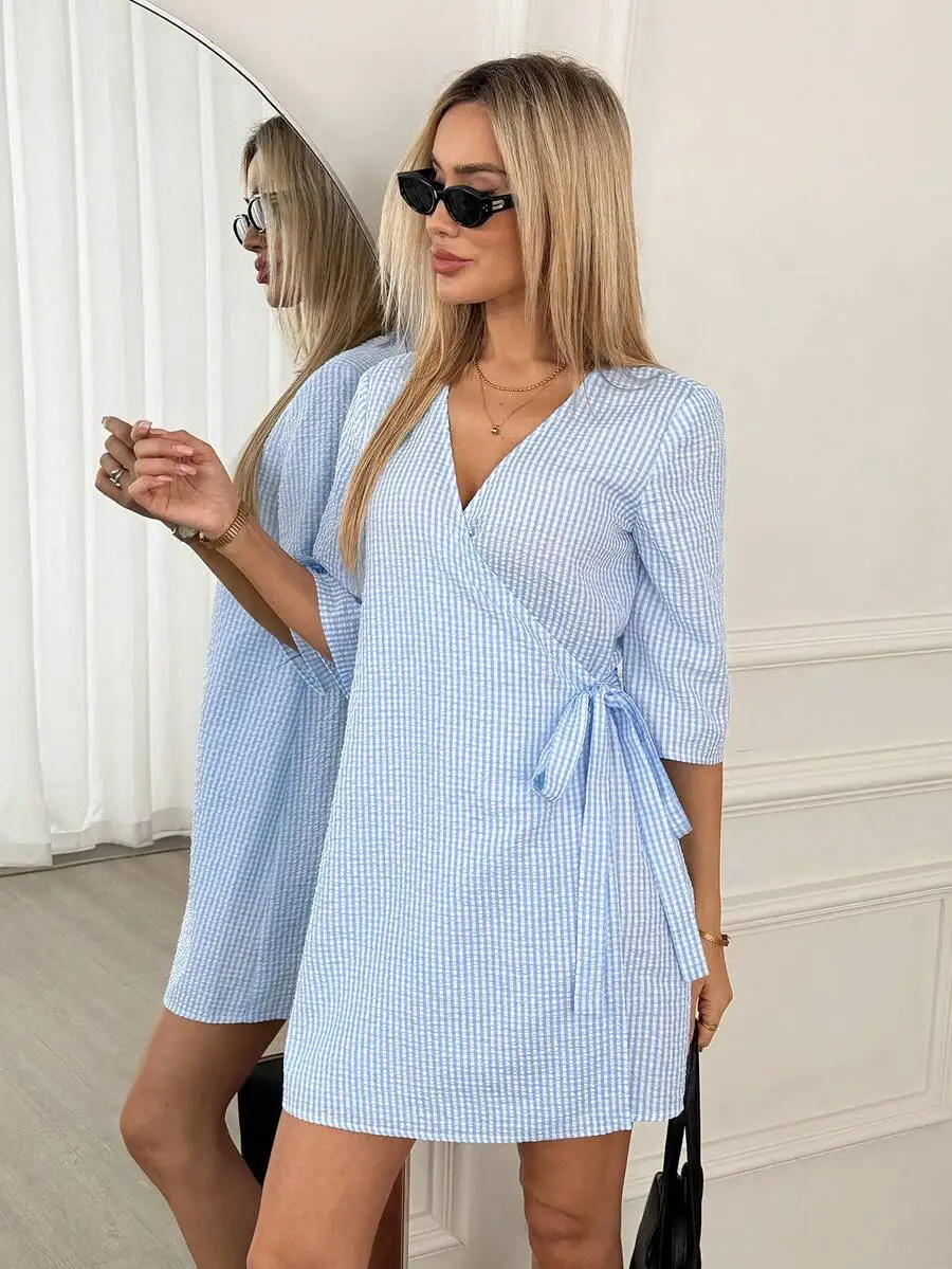 Womens Striped V-Neck Wrap Tie Short Dress Casual Summer
Womens Striped V-Neck Wrap Tie Short Dress Casual Summer