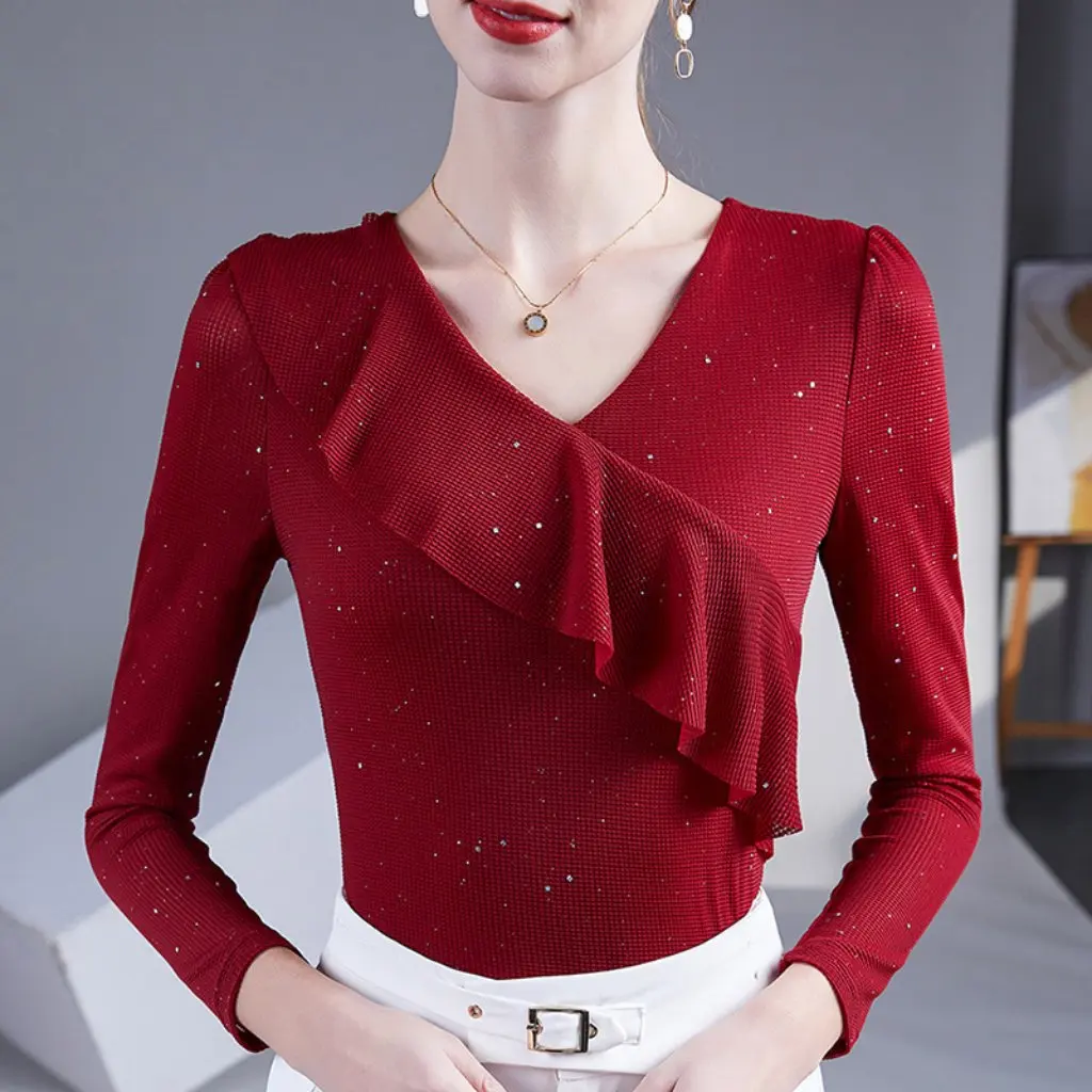 Women's Ruffled V Neck Mesh Slimming T-Shirt Spring Fall Dance Wear Top Bottoming Shirt
Women's Ruffled V Neck Mesh Slimming T-Shirt Spring Fall Dance Wear Top Bottoming Shirt