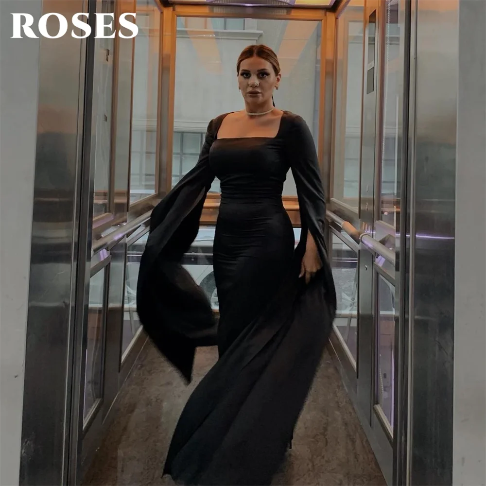 ROSES Black Party Dress Square Neck Evening Dress with Cape Sleeve Party Gown Mermaid Satin فساتين السهرة Customized
ROSES Black Party Dress Square Neck Evening Dress with Cape Sleeve Party Gown Mermaid Satin فساتين السهرة Customized