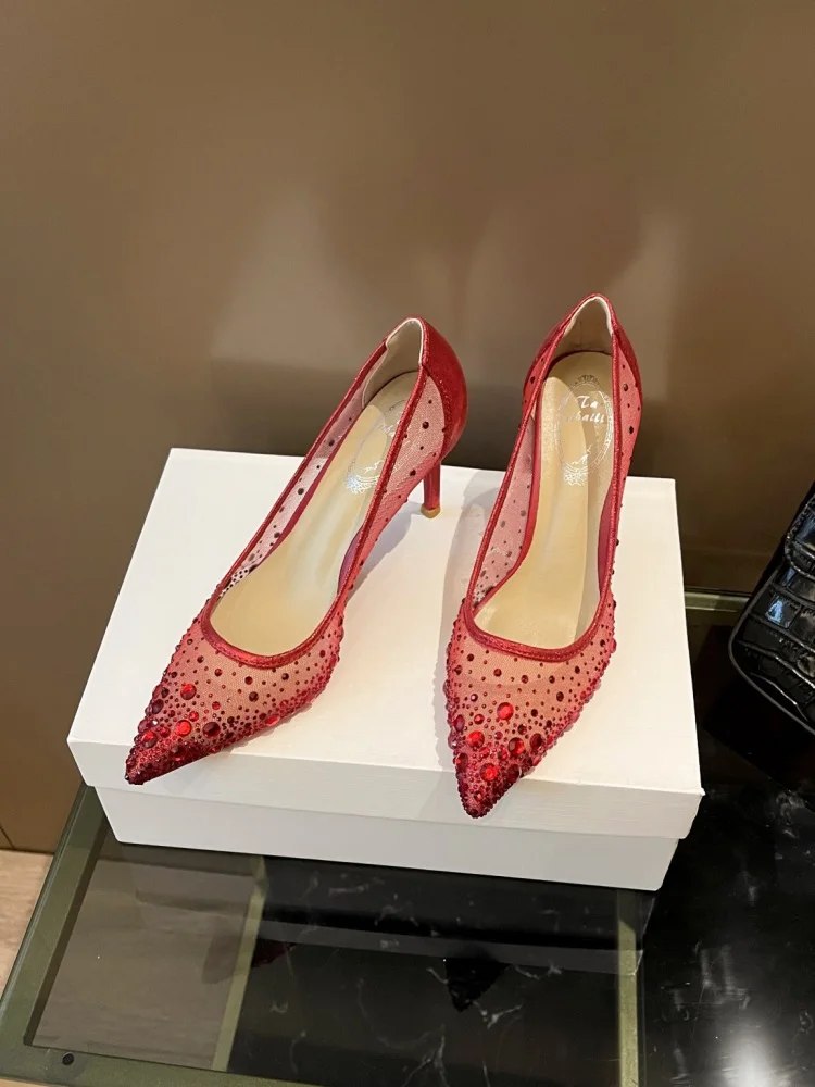 New Wedding Shoes: Mesh Light Luxury Diamond High Heels for Women, Fine Heels, Sharp Pointed Temperament, Red Wedding Shoes
New Wedding Shoes: Mesh Light Luxury Diamond High Heels for Women, Fine Heels, Sharp Pointed Temperament, Red Wedding Shoes