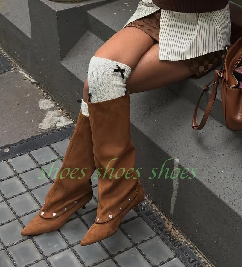 Lady Suede Dark Brown Gladiator Fall Runway Boots Fashion Pointed Toe Spike Metal Design Knee Boots Elegant Footwear Low Heel 46
Lady Suede Dark Brown Gladiator Fall Runway Boots Fashion Pointed Toe Spike Metal Design Knee Boots Elegant Footwear Low Heel 46