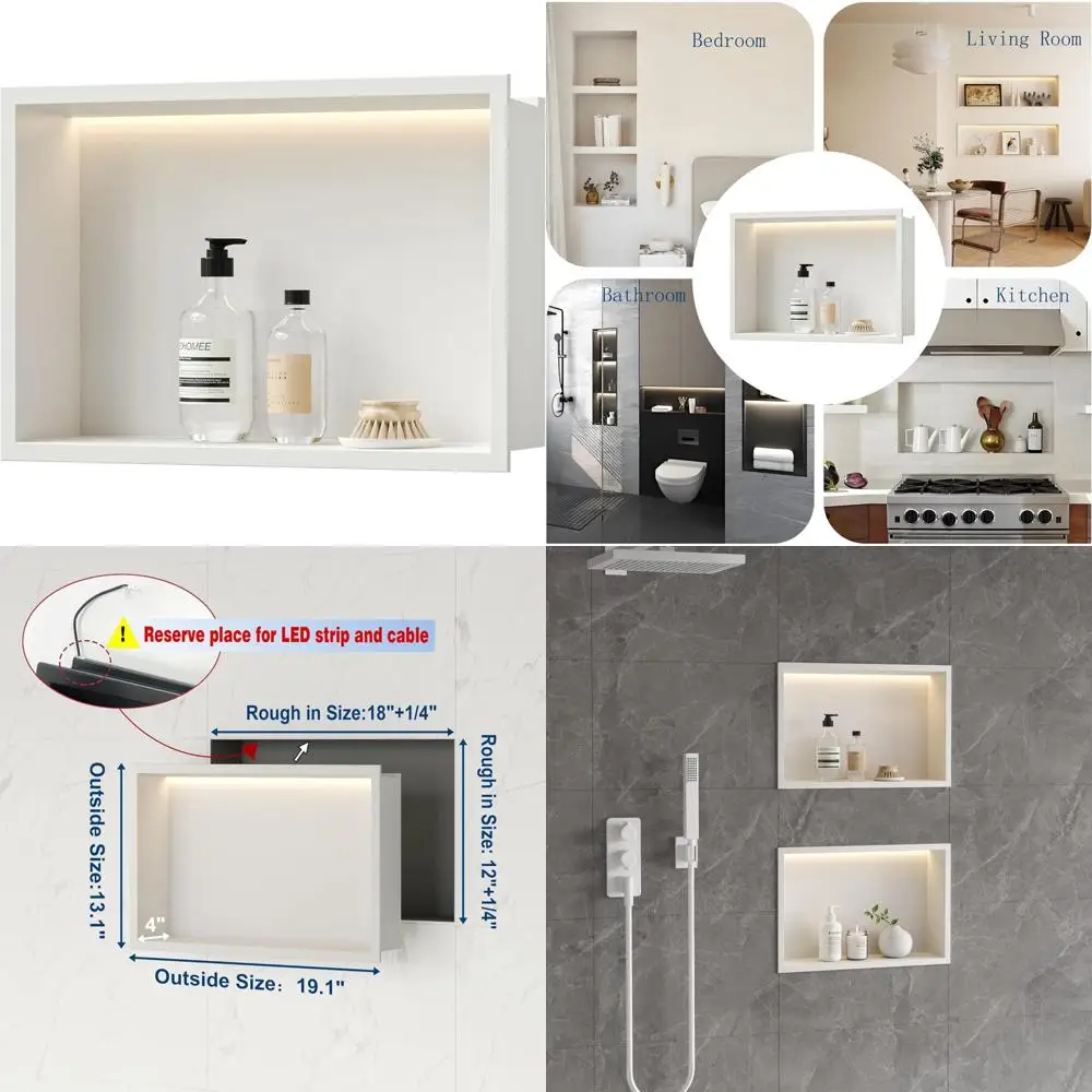White LED-Illuminated Stainless Steel Shower Niche, 18x12 Inches, 3000K Warm Light, No Tile Required Cabinet for Small Spaces 
White LED-Illuminated Stainless Steel Shower Niche, 18x12 Inches, 3000K Warm Light, No Tile Required Cabinet for Small Spaces