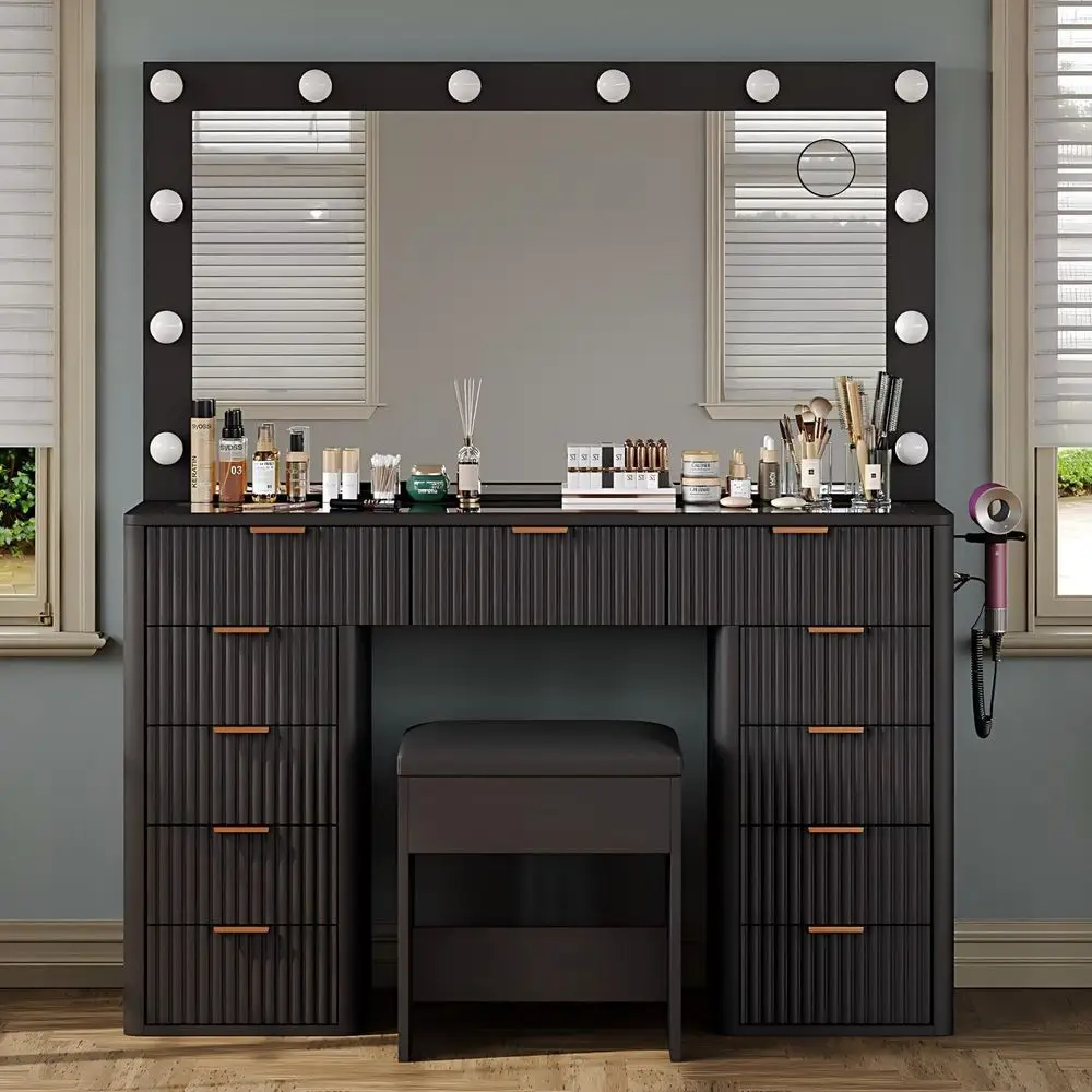 47 LED Mirror Vanity Desk with 3-Color Lighting, 11 Drawers, Glass Top, Charging Station, Vanity Stool Included
47 LED Mirror Vanity Desk with 3-Color Lighting, 11 Drawers, Glass Top, Charging Station, Vanity Stool Included