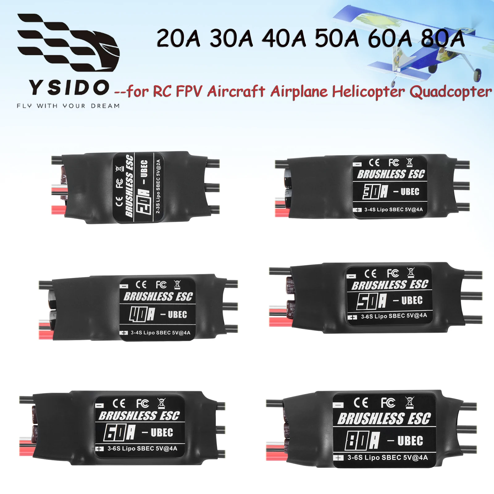 RC ESC 20A 30A 40A 50A 60A 80A 2-6S Brushless ESC Speed Controller with UBEC for RC FPV Drone Aircraft Helicopter Quadcopter
RC ESC 20A 30A 40A 50A 60A 80A 2-6S Brushless ESC Speed Controller with UBEC for RC FPV Drone Aircraft Helicopter Quadcopter