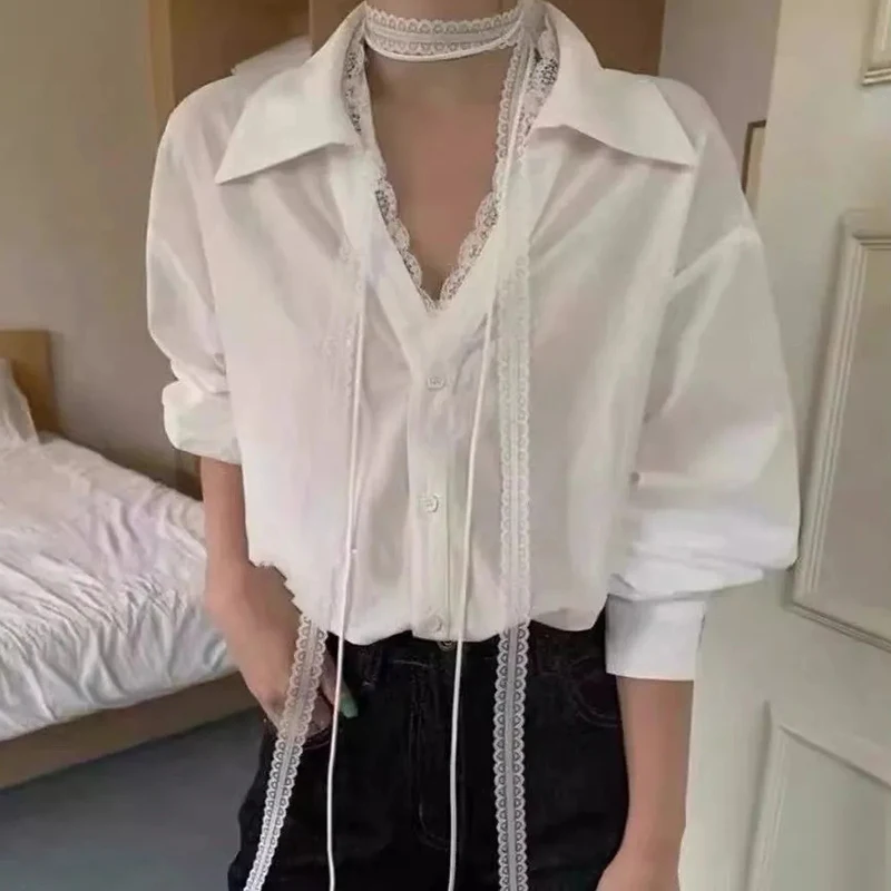Korean Fashion White Shirt Women Elegant Lace Ribbon Long Sleeve Blouse Single Breasted Spring Fall Loose Casual Chic Deep V Top
Korean Fashion White Shirt Women Elegant Lace Ribbon Long Sleeve Blouse Single Breasted Spring Fall Loose Casual Chic Deep V Top