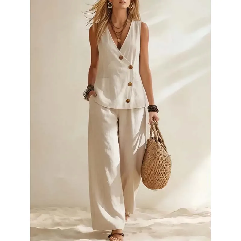 Fashion Deep V-neck Sleeveless Women Summer Trousers Suit Vest Button Vacation Simple Loose Wide-leg Trousers 2 Piece Set Female
Fashion Deep V-neck Sleeveless Women Summer Trousers Suit Vest Button Vacation Simple Loose Wide-leg Trousers 2 Piece Set Female