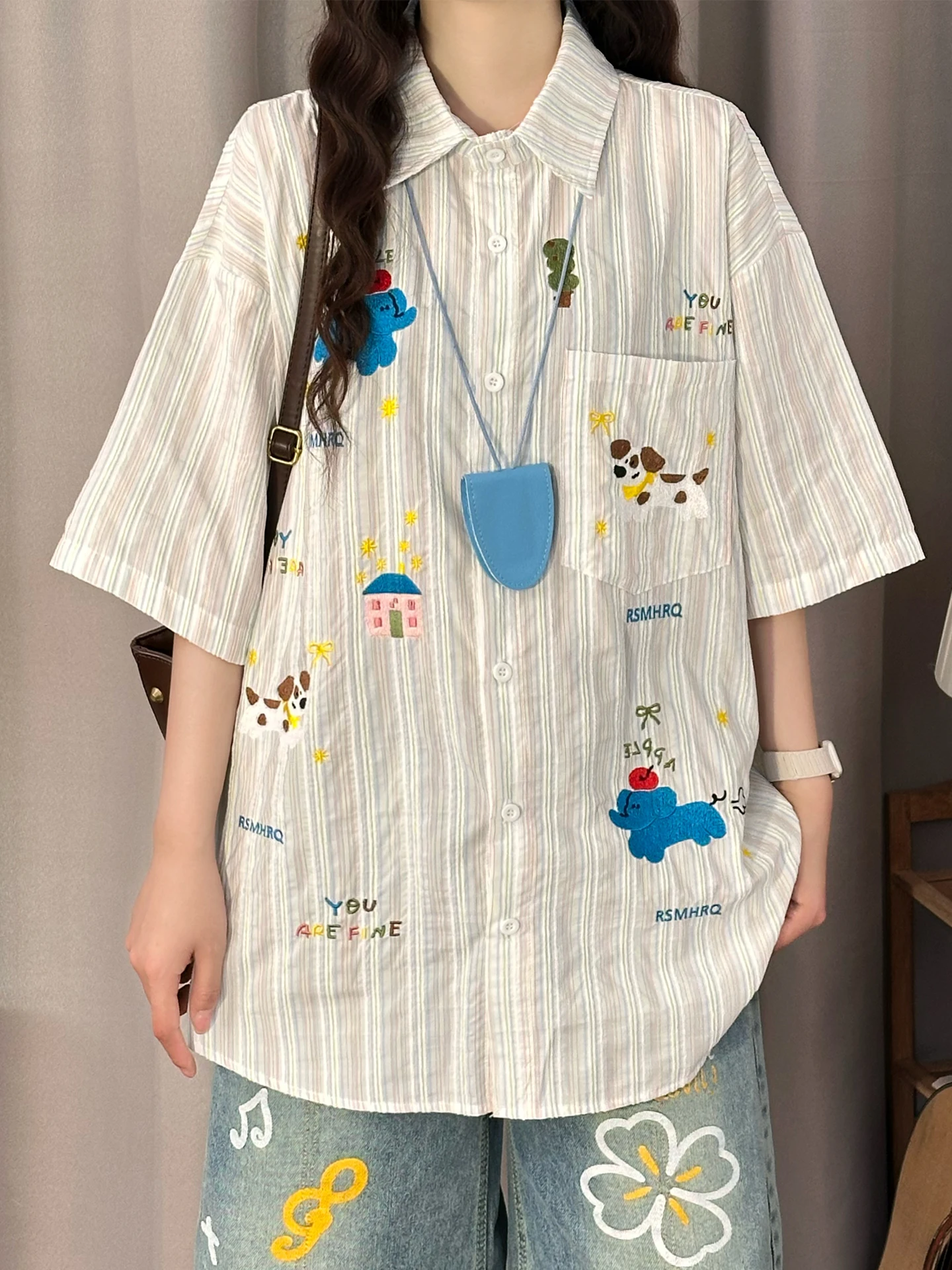 Casual Style Embroidered Striped Short Sleeve Shirt Women's Summer Breathable Loose Fit Polyester Lenzing Lyocell Cotton Blend
Casual Style Embroidered Striped Short Sleeve Shirt Women's Summer Breathable Loose Fit Polyester Lenzing Lyocell Cotton Blend