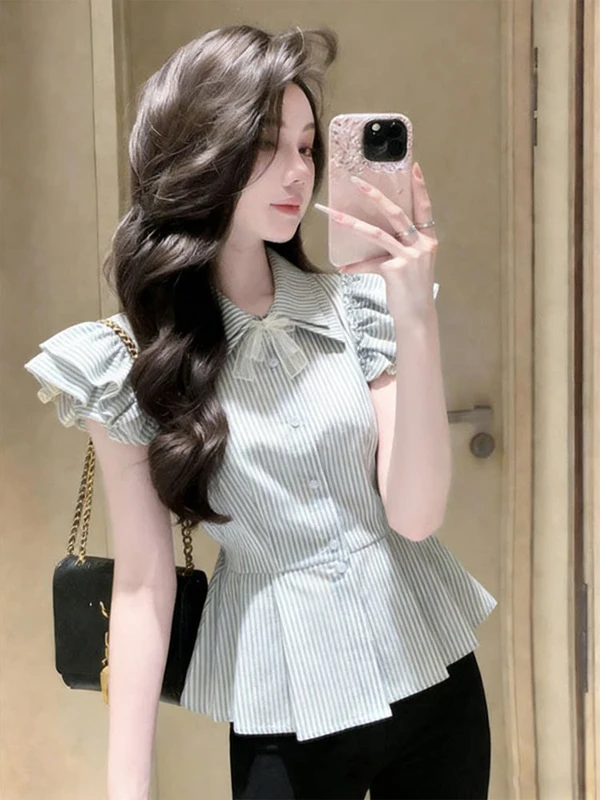 Summer 2026 Slim Fit Striped Shirt Short Sleeve Flying Sleeve Top Trendy Women's Fashion Korean Style Commute Wind Blouse
Summer 2026 Slim Fit Striped Shirt Short Sleeve Flying Sleeve Top Trendy Women's Fashion Korean Style Commute Wind Blouse