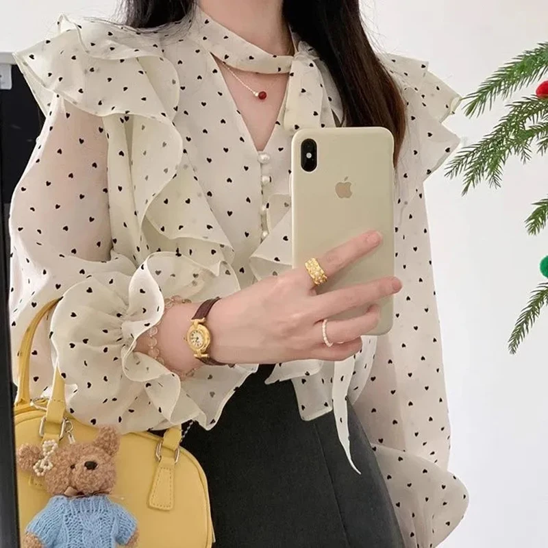 Korean Polka Dot Chiffon Blouse Women Elegant Long Sleeve Ruffle Trim Shirt Sweet Fashion Sheer Thin White Soft Commuter Top
Korean Polka Dot Chiffon Blouse Women Elegant Long Sleeve Ruffle Trim Shirt Sweet Fashion Sheer Thin White Soft Commuter Top