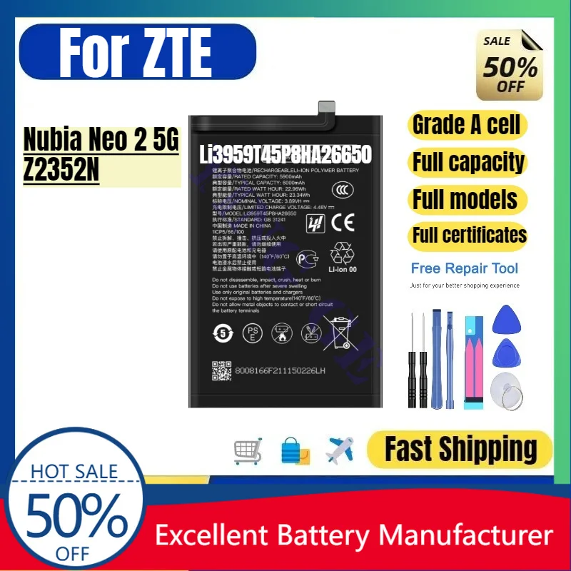 0 Cycle Li3959T45P8HA26650 Battery for ZTE Nubia Neo 2 5G Z2352N High Quality Replacement Lithium Polymer Bateria with Tools
0 Cycle Li3959T45P8HA26650 Battery for ZTE Nubia Neo 2 5G Z2352N High Quality Replacement Lithium Polymer Bateria with Tools