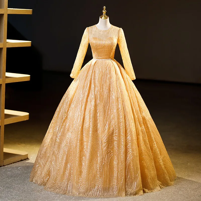 New Gold Quinceanera Dresses Classic O-neck Ball Gown Dress With Long Sleeve Shiny Tulle Elegant Floor-length Simple Robe De Bal
New Gold Quinceanera Dresses Classic O-neck Ball Gown Dress With Long Sleeve Shiny Tulle Elegant Floor-length Simple Robe De Bal
