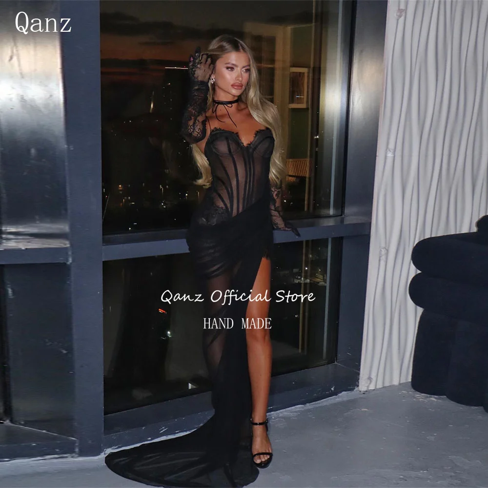 Qanz Sexy Black Prom Dresses Sweetheart High Slit Chiffon Vestidos De Boda Para Fiestas Lace Sheer Party Gowns Customized
Qanz Sexy Black Prom Dresses Sweetheart High Slit Chiffon Vestidos De Boda Para Fiestas Lace Sheer Party Gowns Customized