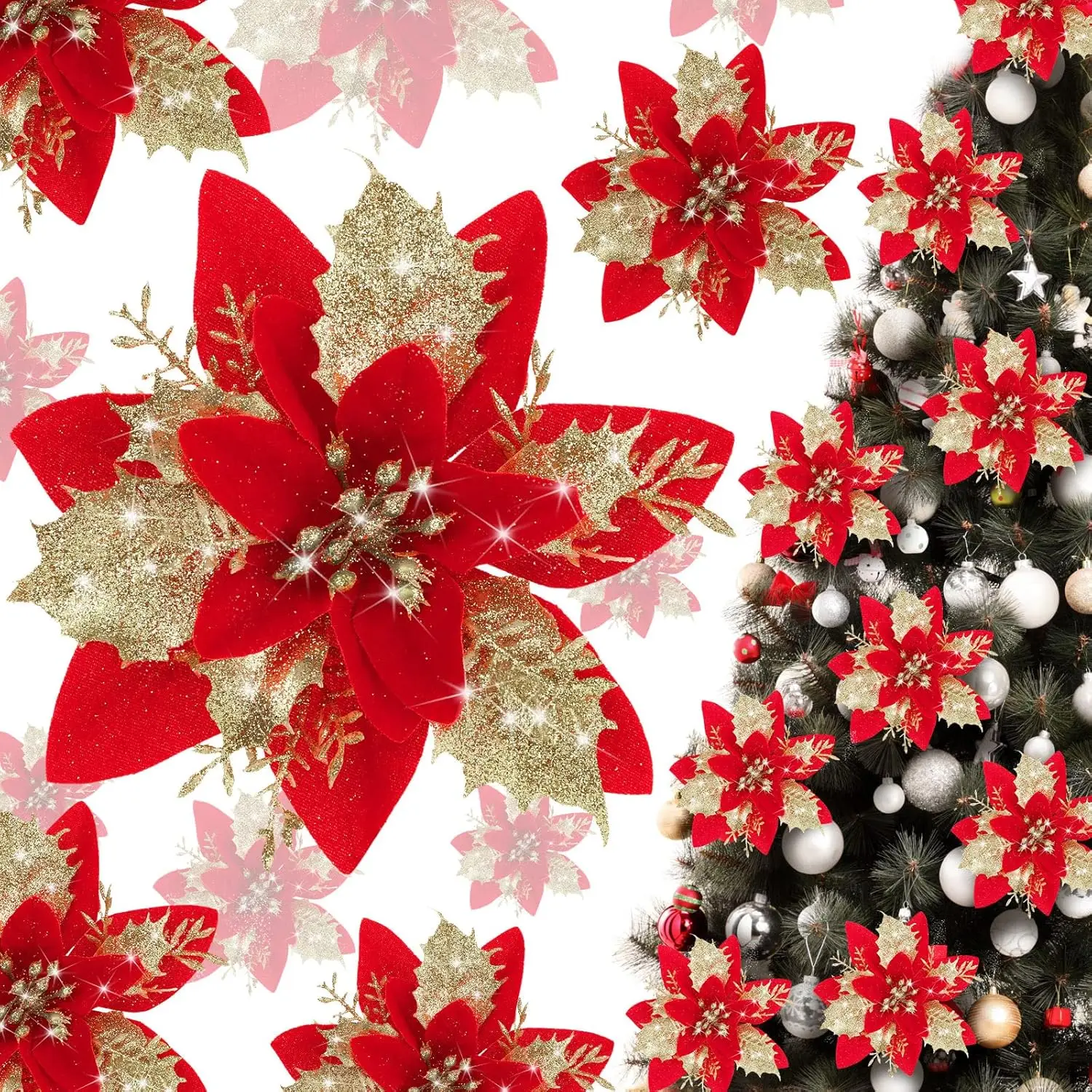 10pcs Red Gold Poinsettias Artificial Christmas Flowers Glitter Decorations for Xmas Wreath Garland Christmas Tree Holiday Decor
10pcs Red Gold Poinsettias Artificial Christmas Flowers Glitter Decorations for Xmas Wreath Garland Christmas Tree Holiday Decor