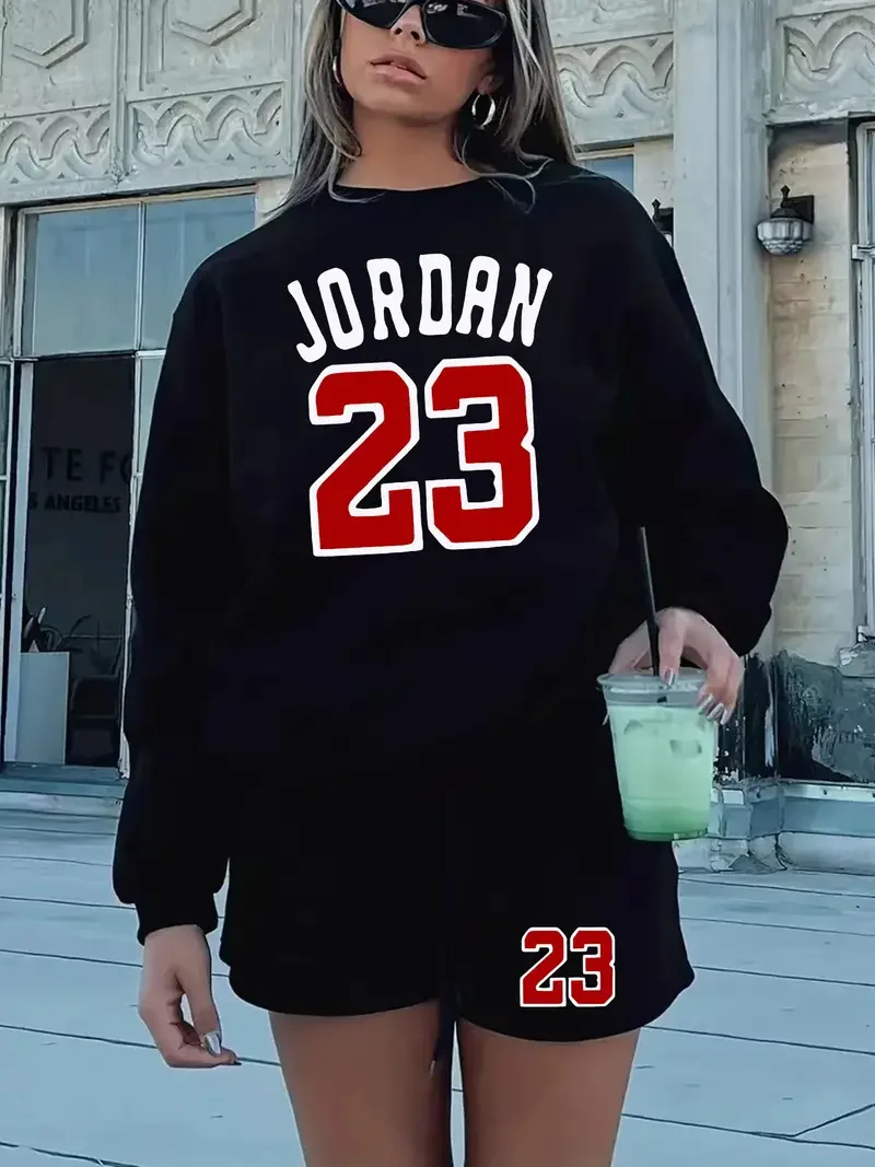 Women's suit set Number 23 Print Casual Shorts Set Long Sleeve Crew Neck Sweatshirt Shorts Outfits Women's Clothing Sport outfit 
Women's suit set Number 23 Print Casual Shorts Set Long Sleeve Crew Neck Sweatshirt Shorts Outfits Women's Clothing Sport outfit