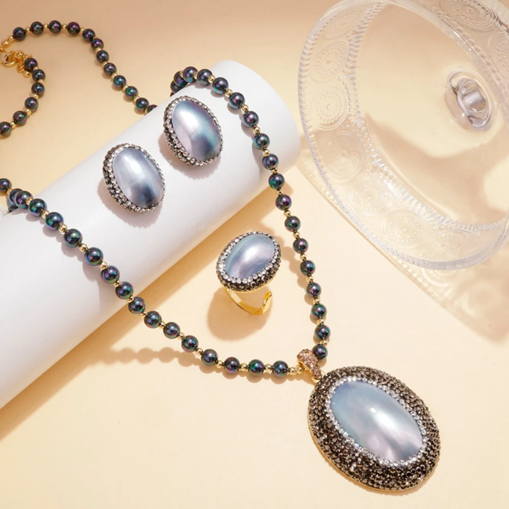 Natural Grey Seashell Necklace Jewelry Sets Mabe Oval Shell Pearl Earring Rings Sets for Lady Daily Party Handmade Gift
Natural Grey Seashell Necklace Jewelry Sets Mabe Oval Shell Pearl Earring Rings Sets for Lady Daily Party Handmade Gift