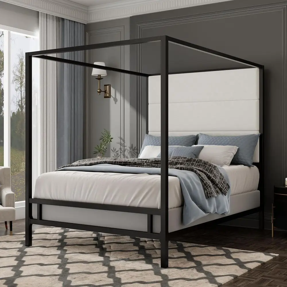 ern Metal King Size Platorm Bed with with Tall Linen abric Upholstered board and 4 Poster Design, Box Spring Needed (Black+White
ern Metal King Size Platorm Bed with with Tall Linen abric Upholstered board and 4 Poster Design, Box Spring Needed (Black+White