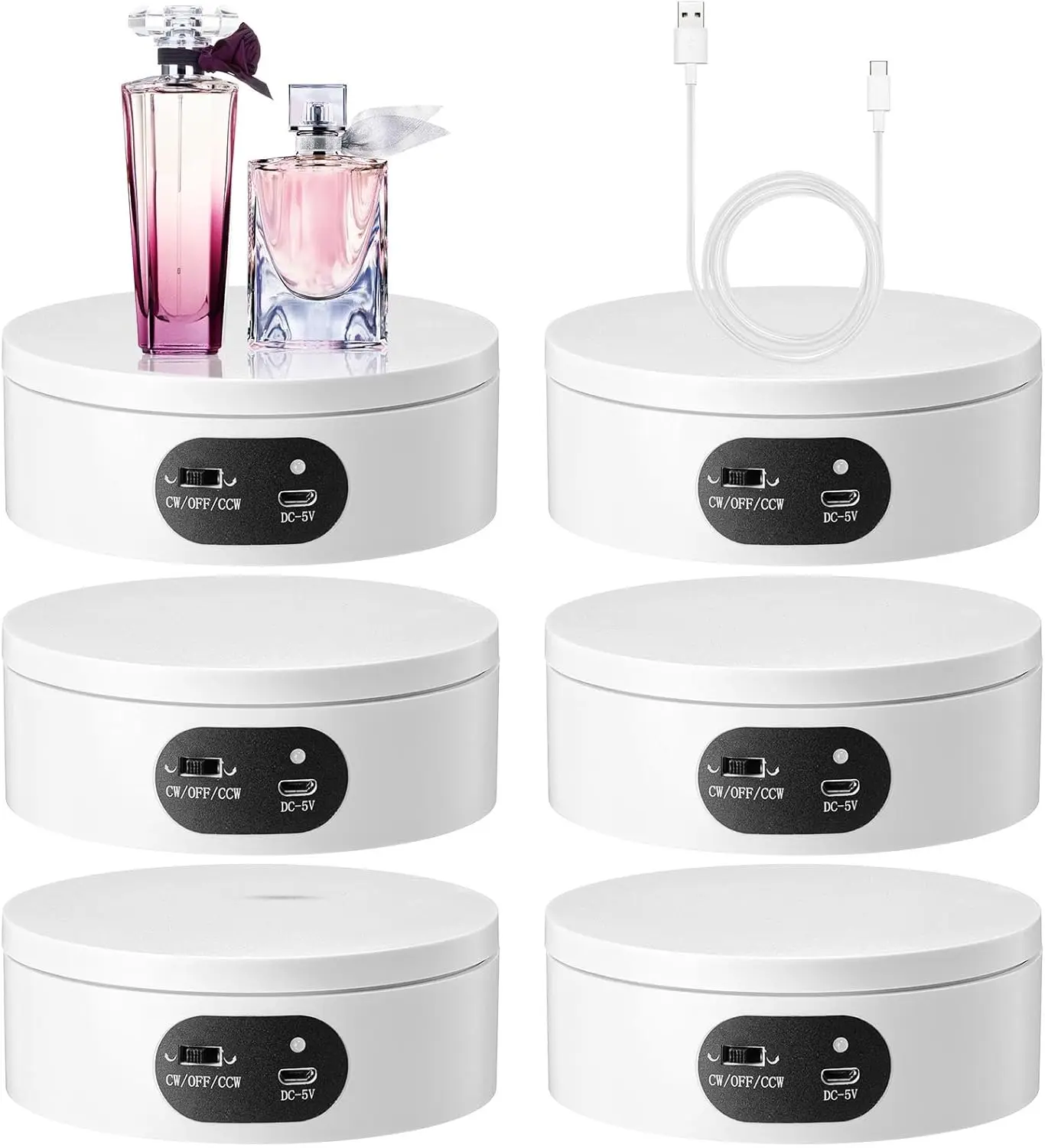 6-Pack White Automatic Rotating Display Stand for Tumblers, 360-Degree Spinner with USB and Battery Power
6-Pack White Automatic Rotating Display Stand for Tumblers, 360-Degree Spinner with USB and Battery Power