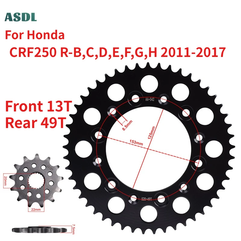 Motorcycle Front and Rear Sprocket 520 49T 13T For Honda CRF250 R-B C D E F G H 2011-2017 CRF 250 Motorbike Gear Wheel
Motorcycle Front and Rear Sprocket 520 49T 13T For Honda CRF250 R-B C D E F G H 2011-2017 CRF 250 Motorbike Gear Wheel