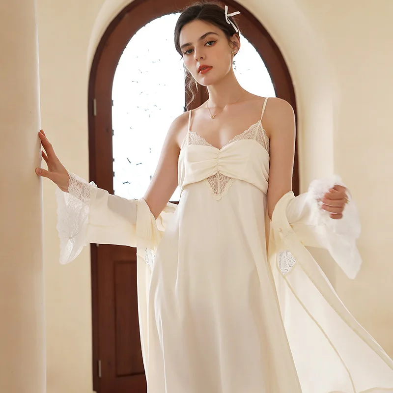 Spring Summer Satin Night Dress Two Pieces Women Robe Sets Sexy V Neck Nightwear Peignoir Sleeping Dress Ice Silk Nightdress
Spring Summer Satin Night Dress Two Pieces Women Robe Sets Sexy V Neck Nightwear Peignoir Sleeping Dress Ice Silk Nightdress