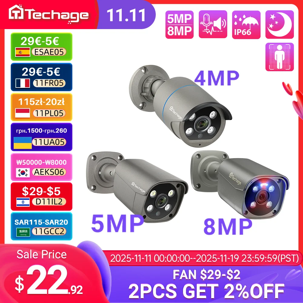 Techage 8MP 5MP 4MP 4K POE IP Camera HD Outdoor Waterproof Security Camera Color Night Vision Face Recognition for Surveillance
Techage 8MP 5MP 4MP 4K POE IP Camera HD Outdoor Waterproof Security Camera Color Night Vision Face Recognition for Surveillance