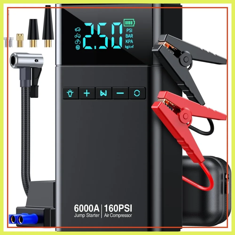 6000A 160PSI 10-in-1 Car Jump Starter with Air Compressor, 12V Jump Box for All Gas & 12L Diesel
6000A 160PSI 10-in-1 Car Jump Starter with Air Compressor, 12V Jump Box for All Gas & 12L Diesel