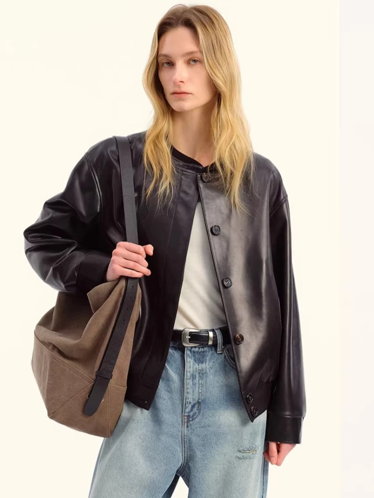 Vintage Short Genuine Leather Bomber Jackets for Women Spring Autumn High-end Simple Stand Collar Loose Soft Real Sheepskin Coat
Vintage Short Genuine Leather Bomber Jackets for Women Spring Autumn High-end Simple Stand Collar Loose Soft Real Sheepskin Coat