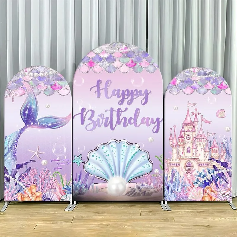 Single Side Arch Backdrop Cover Underwater Mermaid Theme Birthday Backdrop Featuring Seashell Pearl Castle and Tail with Purple
Single Side Arch Backdrop Cover Underwater Mermaid Theme Birthday Backdrop Featuring Seashell Pearl Castle and Tail with Purple
