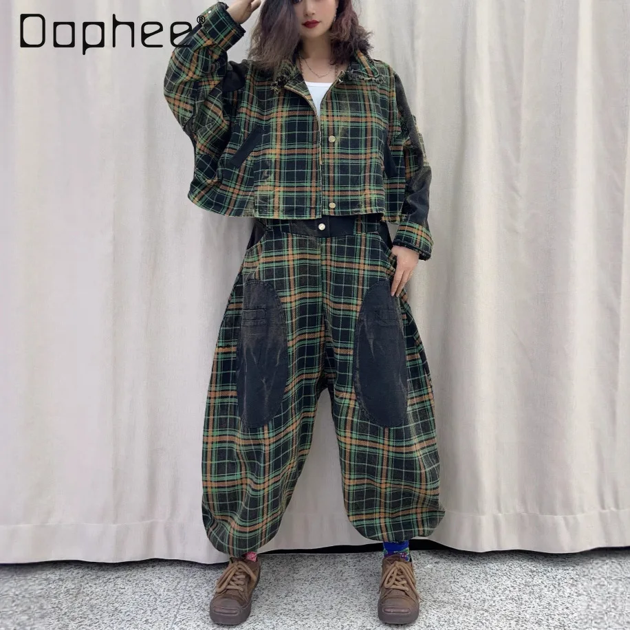 Trendy Plaid Denim Jacket + Overalls Two-piece Set Women's Spring Clothing Loose Fashion Vintage Temperament Denim Overalls 
Trendy Plaid Denim Jacket + Overalls Two-piece Set Women's Spring Clothing Loose Fashion Vintage Temperament Denim Overalls