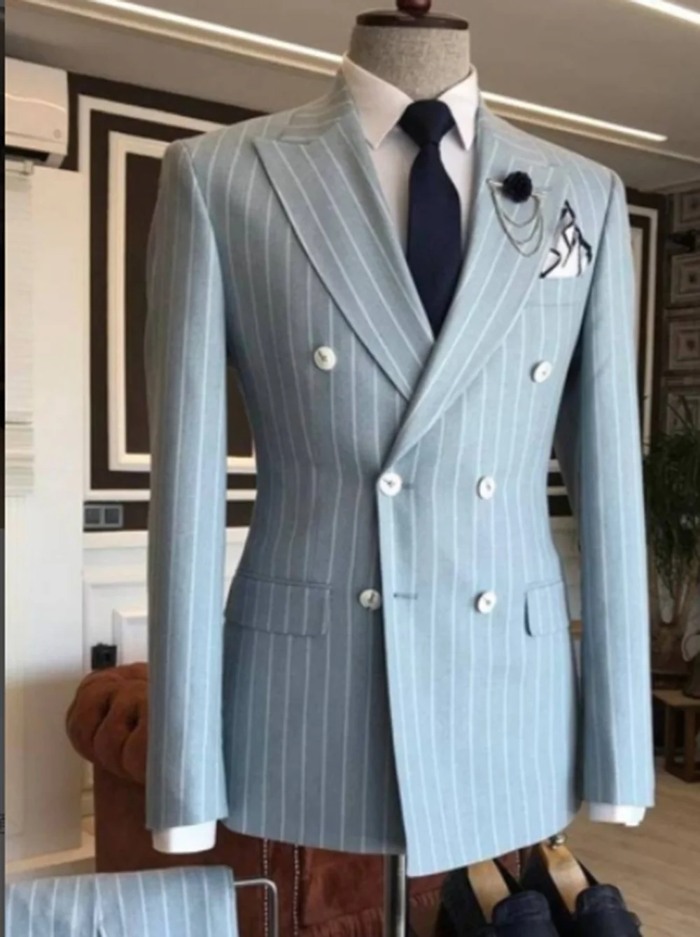 Light Blue Double Breasted Striped Male Suit Jacket Blazer Trousers Men'S Sets Wedding Clothing Costume Homme 2pcs Jacket Pants
Light Blue Double Breasted Striped Male Suit Jacket Blazer Trousers Men'S Sets Wedding Clothing Costume Homme 2pcs Jacket Pants