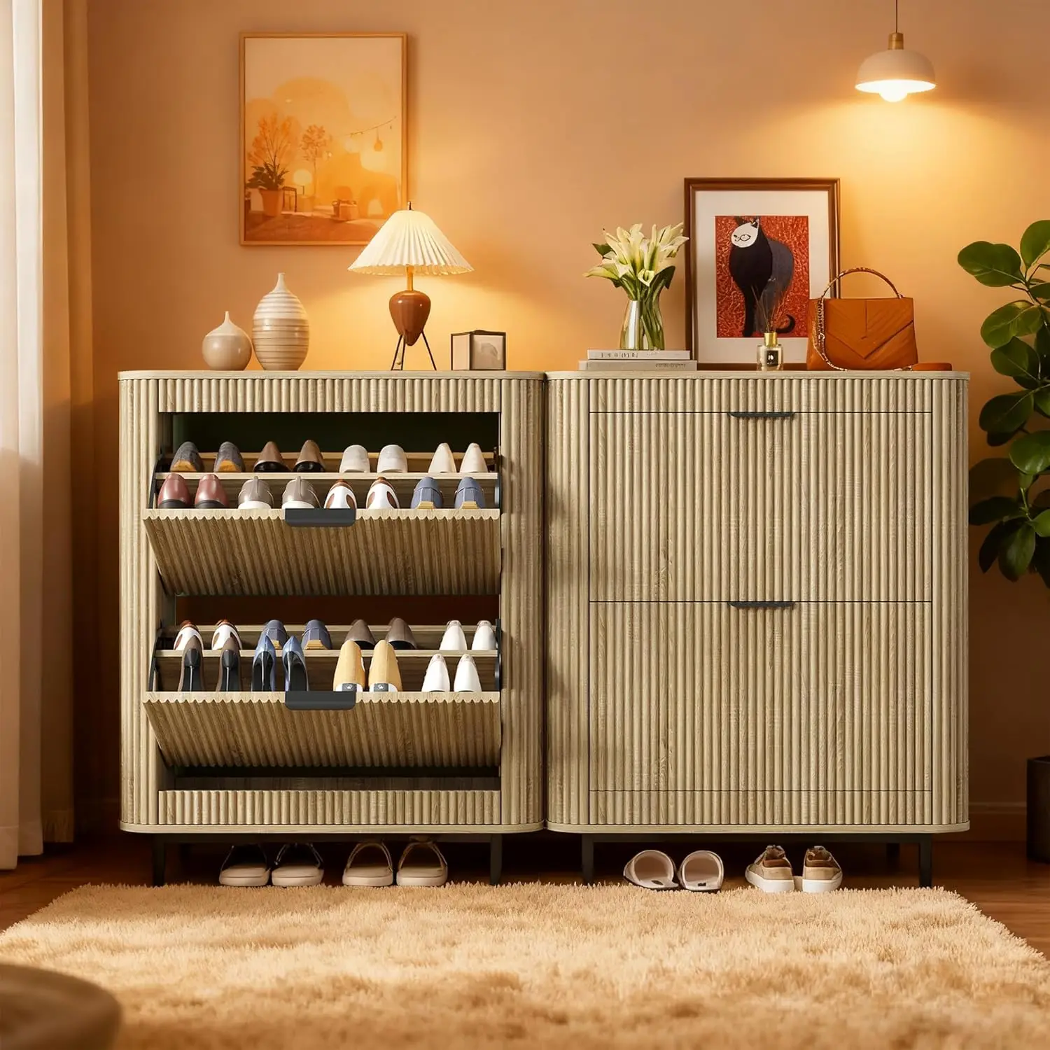 Fluted Hidden Shoe Cabinet 2 Flip Drawers Open Storage Modern Curved Wood Entryway Hallway 37.68in Natural Oak Customized
Fluted Hidden Shoe Cabinet 2 Flip Drawers Open Storage Modern Curved Wood Entryway Hallway 37.68in Natural Oak Customized