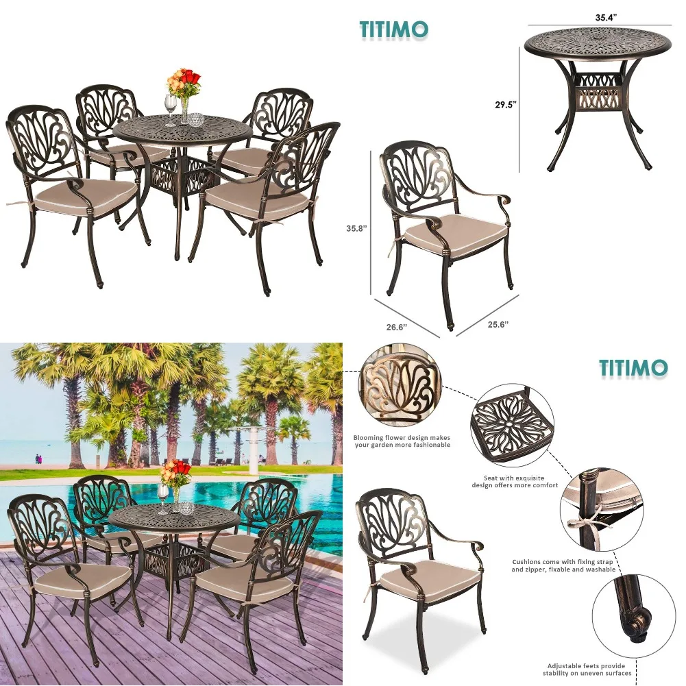5 Piece Cast Aluminum Patio Dining Set w/ Round Table 4 Chairs & Umbrella Hole All Weather Deep Bronze, Customized
5 Piece Cast Aluminum Patio Dining Set w/ Round Table 4 Chairs & Umbrella Hole All Weather Deep Bronze, Customized