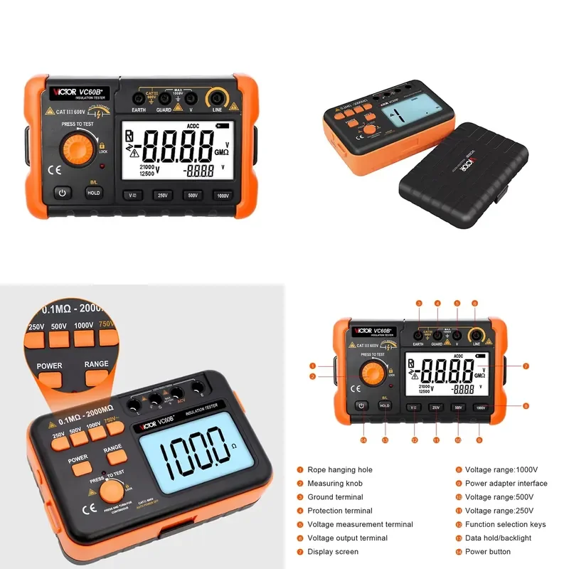 VICTOR 60B+ Insulation Tester Resistance Meter Range 0.1M Ohm-2000M Ohm Current Short Circuit 1.8mA 1000v Electrical
VICTOR 60B+ Insulation Tester Resistance Meter Range 0.1M Ohm-2000M Ohm Current Short Circuit 1.8mA 1000v Electrical