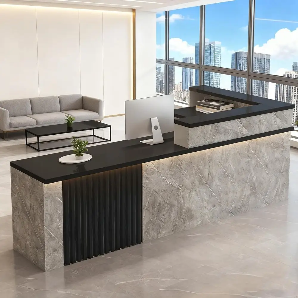 L-Shaped Wooden Desk with Counter, Keyboard Tray, Side Cabinet, LED Lighting, for Office or Retail (D - L 160cm/63in)
L-Shaped Wooden Desk with Counter, Keyboard Tray, Side Cabinet, LED Lighting, for Office or Retail (D - L 160cm/63in)