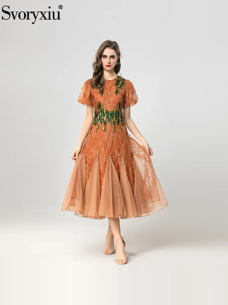 Svoryxiu Summer Fashion Coffee Color Vintage Midi Dress Women's O-Neck Lantern Lace Short Sleeve High Waist Sequins Dresses
Svoryxiu Summer Fashion Coffee Color Vintage Midi Dress Women's O-Neck Lantern Lace Short Sleeve High Waist Sequins Dresses