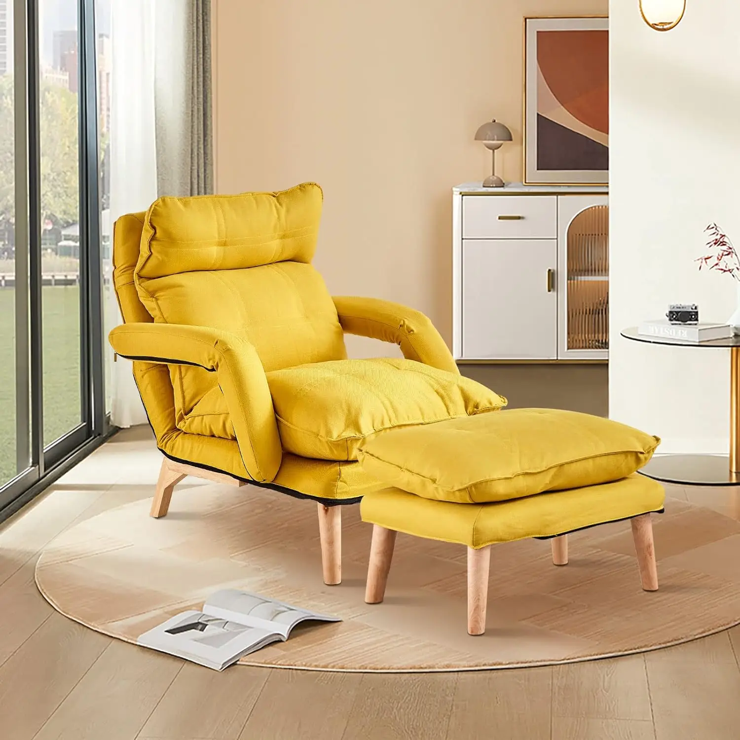 Modern Living Room Accent Chair w/ Ottoman, Comfy Linen Armchair w/ Adjustable Backrest, Solid Wood Legs, Sofa Chair w/Footrest
Modern Living Room Accent Chair w/ Ottoman, Comfy Linen Armchair w/ Adjustable Backrest, Solid Wood Legs, Sofa Chair w/Footrest